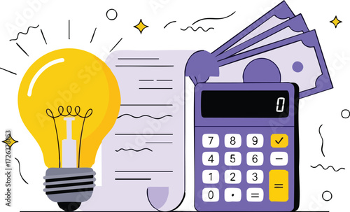 Electricity bill cost concept isolated on white background calculator, bulb, money