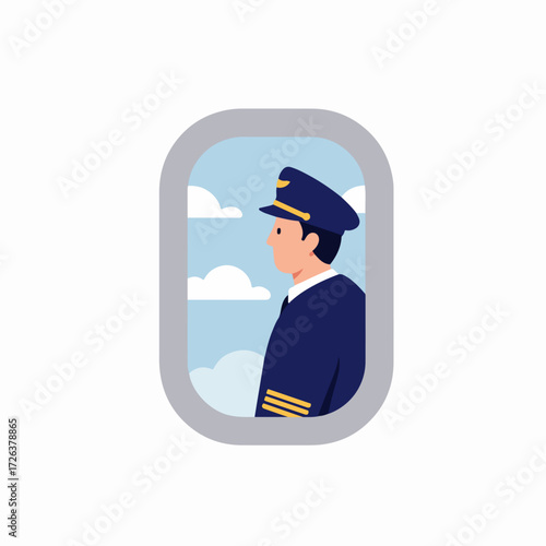Professional airline pilot in uniform looking out of an airplane window at blue sky and clouds, representing aviation, travel, and career.