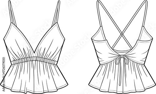 Women camisole top flat sketch, trendy strappy blouse technical drawing, stylish summer wear template, fashion apparel design outline, garment vector illustration