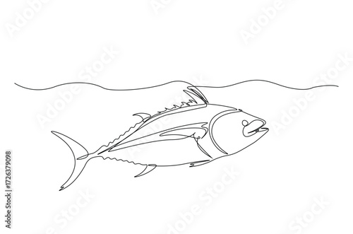 Tuna fish in continuous one line drawing. Single line art illustration of tuna fish. Editable vector.