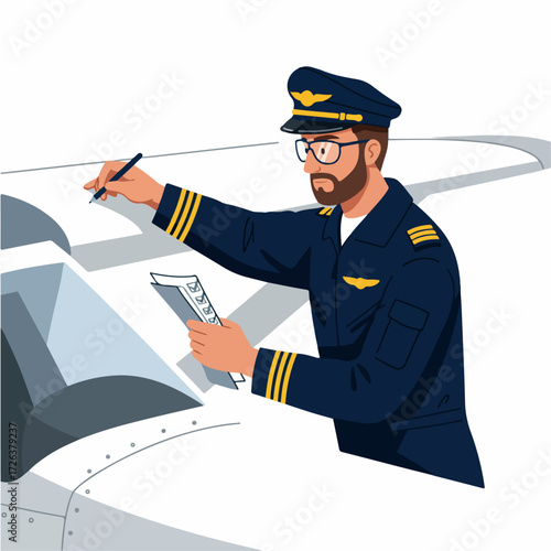 Pilot in uniform performs a pre-flight check, meticulously inspecting the aircraft with a checklist and pen, embodying aviation safety and professional readiness.