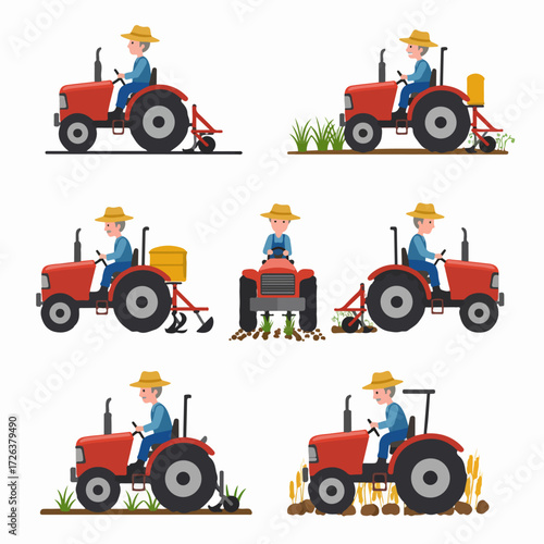 Cartoon farmer driving a red tractor, performing various agricultural tasks including plowing, planting, cultivating, and harvesting crops in a field.