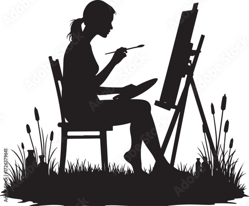 Black silhouette of woman painting outdoors on easel with grass and reeds