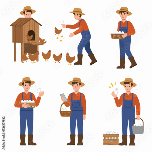 Egg farming illustration set: A farmer tending to his chickens, collecting and handling fresh eggs in different scenarios.