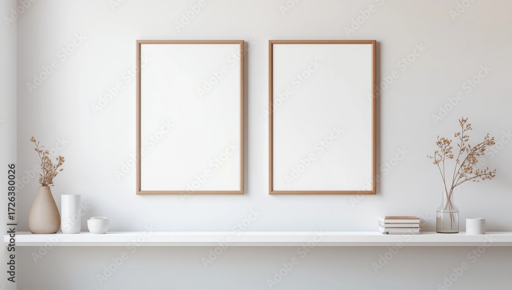 Fototapeta premium Mock up poster frame in interior background with decor on shelf, 3d render