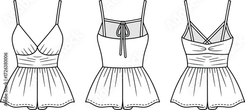 Women romper fashion flat sketch, trendy jumpsuit technical drawing, stylish sleepwear template, summer clothing design outline, apparel vector illustration, garment