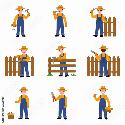 Cartoon farmer character in overalls and straw hat performing various tasks related to fence construction, repair, and general farm maintenance, holding different tools.