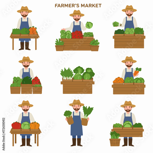 A farmer selling fresh vegetables at various market stalls, showcasing organic produce and healthy eating concepts.