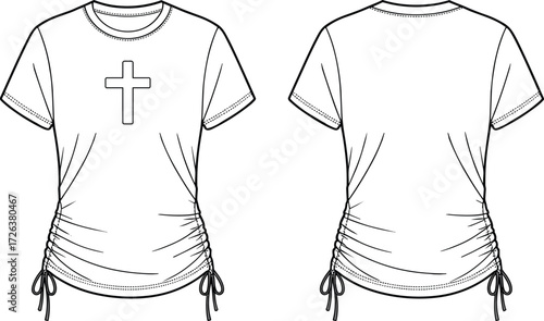 Women t shirt flat sketch, short sleeve ruched side drawstring top, cross graphic design, fashion cad drawing, vector apparel illustration