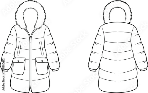 Winter puffer parka coat mockup, hooded jacket with fur trim, long padded outerwear design template, warm fashion clothing illustration