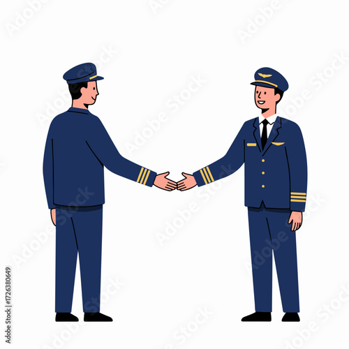 Two smiling pilots in uniform about to shake hands, symbolizing agreement and partnership in the aviation industry.