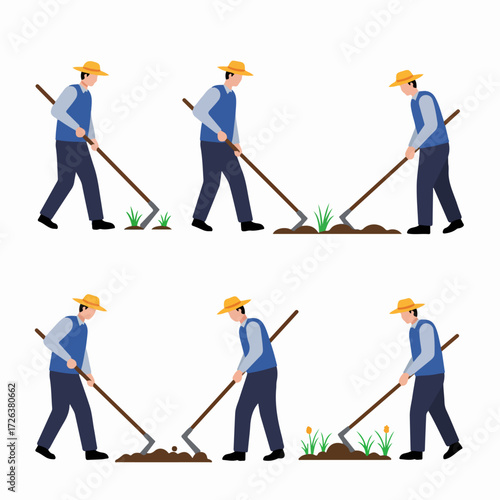 Illustrative sequence of a farmer in a straw hat using a hoe for gardening and soil preparation, depicting cultivation and weeding tasks.