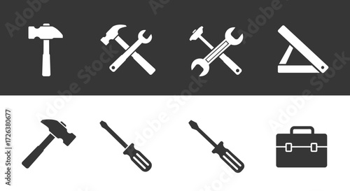 Set of Tool Icons in Silhouette on a Black and White Background for Design
