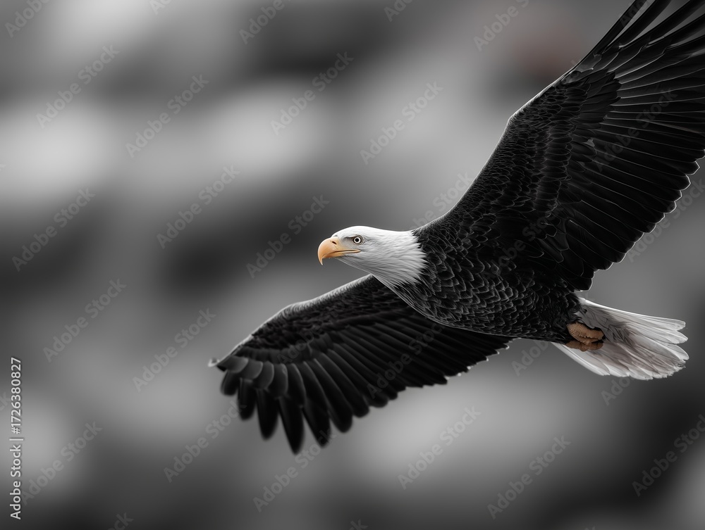 Obraz premium A bald eagle flying through the air with its wings spread