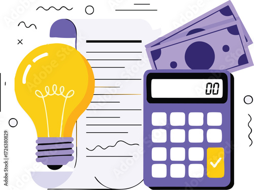 Energy bill calculation with light bulb, calculator, and money isolated on white background