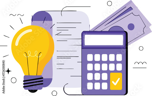 Energy bill calculation with light bulb, calculator, and money isolated on white background