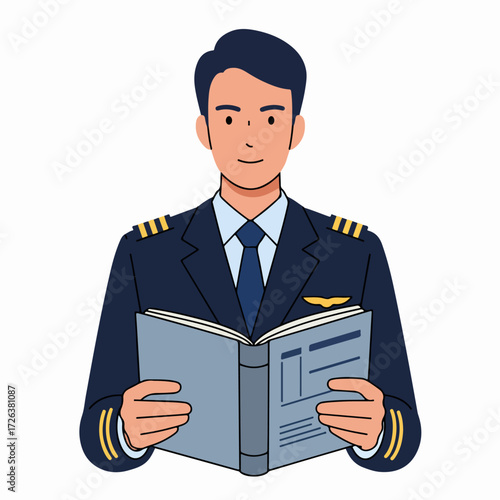 Smiling male pilot in uniform reads a book, representing professionalism, continuous learning, and dedication in aviation.