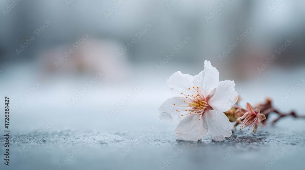 Fototapeta premium Delicate Cherry Blossom on Frosty Surface in Soft Focus Background