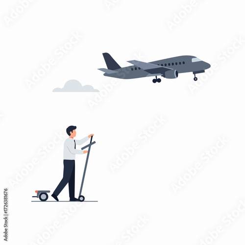 Modern business travel concept: professional with kick scooter and flying airplane illustrating urban mobility and global connections.