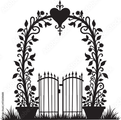 Black silhouette of ornate garden arch with heart and gates