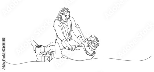Minimalist continuous line drawing of a couple playing and laughing together on the floor with gift boxes beside them. The man is lying down while the woman is on top, holding his hands in a joyful