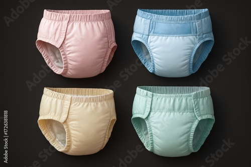Colorful Baby Diapers Set with Pastel Pink Blue Yellow and Green on Dark Background