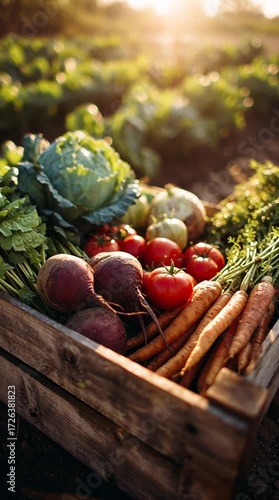 Wooden crate filled with freshly harvested vegetables like carrots, tomatoes, and beets, captured in natural evening light for a rustic and organic look.