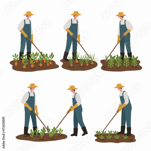 Illustration of farmers tending to vegetable patches with hoes, cultivating carrots, onions, and greens in a flat design style.