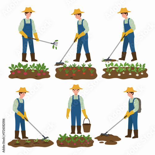 A set of illustrations depicting a farmer performing various gardening and agricultural tasks, including weeding, cultivating, and tending to different vegetable crops.