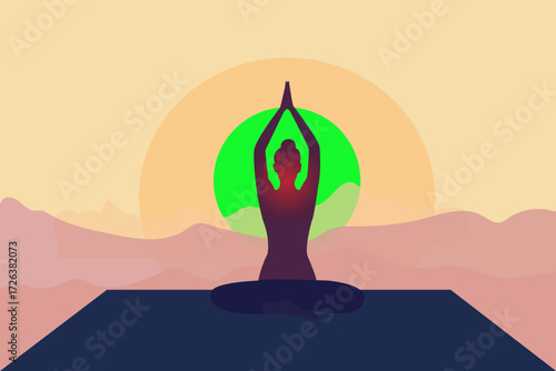 Serene Sunset Yoga: A silhouette of a person gracefully practicing yoga in the tranquil light of sunset, embodies the harmony between nature and inner peace.