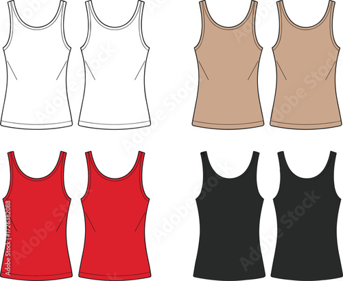 Women tank top vector template, blank fashion mockup, front and back view, sleeveless shirt design, red black white beige colors