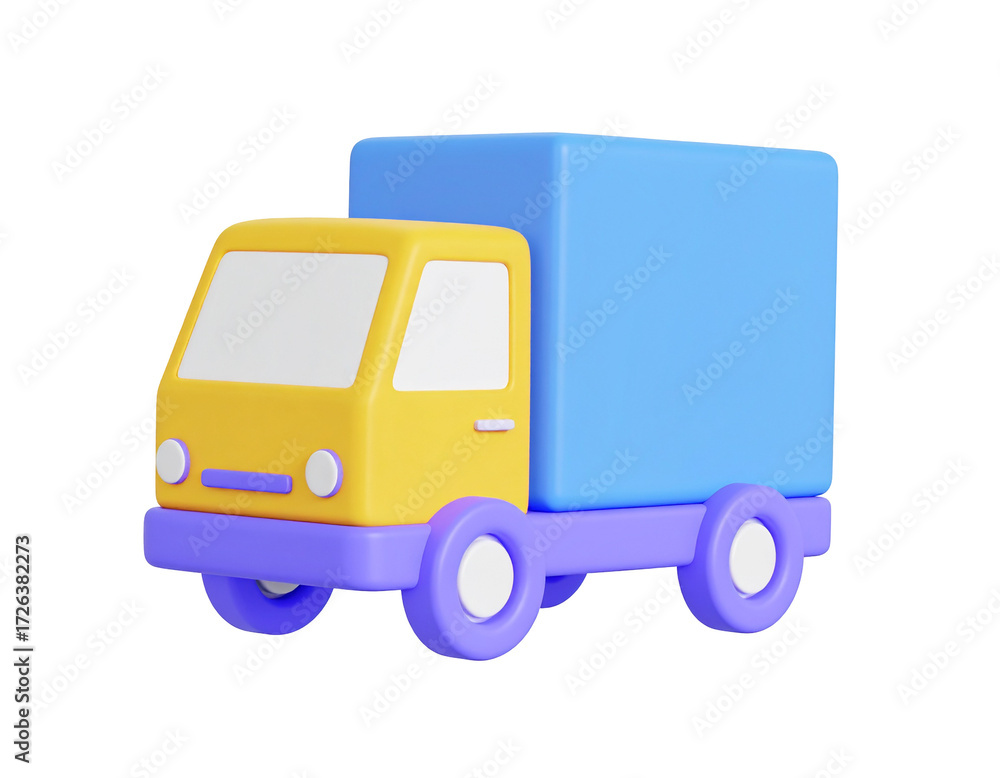 Fototapeta premium Cheerful delivery truck with yellow cab and blue container on transparent background