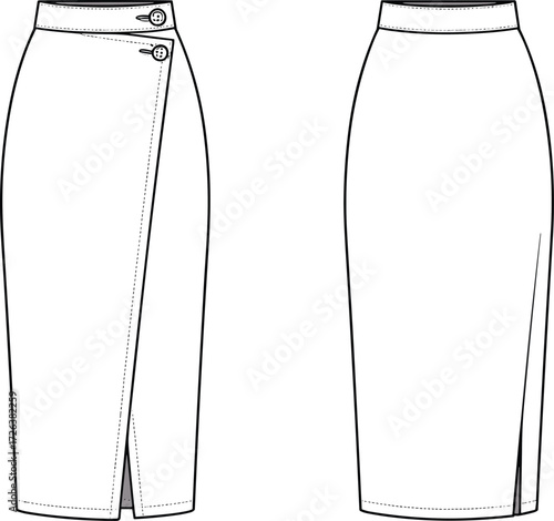 Women wrap pencil skirt flat sketch, long fashion skirt design, apparel technical drawing, clothing vector template, garment fashion outline illustration