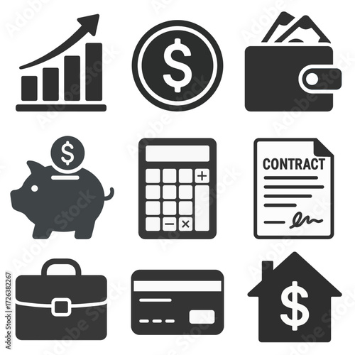 Set of finance icons including chart, dollar, wallet, piggy bank, calculator, contract, briefcase, credit card, and house symbol for money, business, and investment.