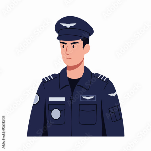 Illustration of a male pilot in uniform with a cap and insignia. Professional aviator looking forward, ready for flight. Flat vector art on a white background.