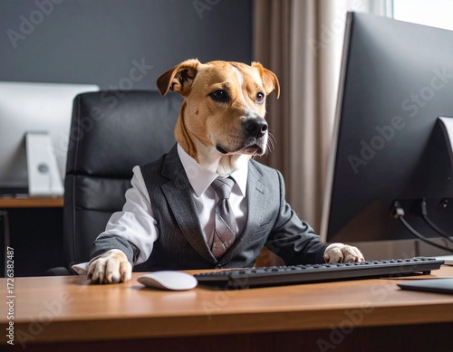 A dog in a formal gray suit sits at a modern office desk using a keyboard and large monitor, presenting a serious and executive look