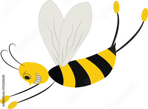 bee landing down with funny smile playful cartoon insect character in minimalist flat vector for nature, summer and insects design