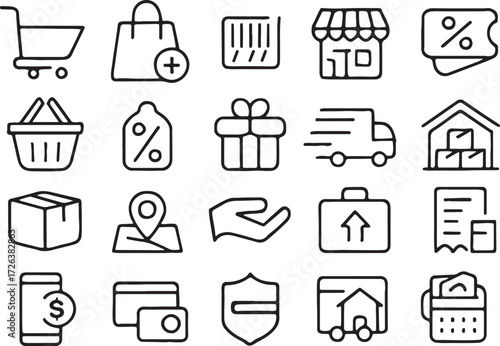 This shopping icons set features a vector illustration of business symbols for web design and internet finance communication