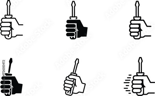 Hand Holding Screwdriver Icons: Line Art and Solid Fill Styles