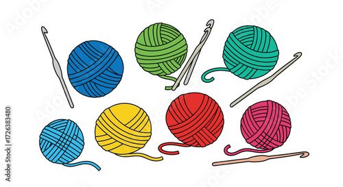 Colorful Crochet Yarn Balls and Hooks: A Vibrant Illustration of the Craft, Perfect for Knitting, Handmade Projects, and DIY Crafting
