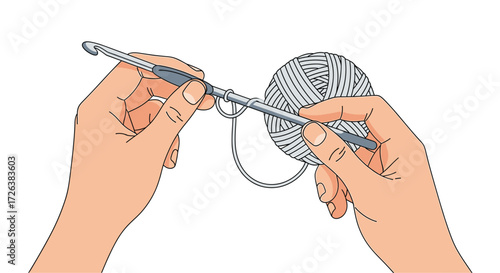 Illustration of hands crocheting with a grey hook and a ball of grey yarn, isolated on a white background for DIY or crafting projects.