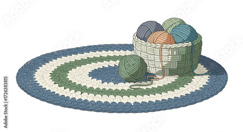 Handcrafted Round Braided Rug with Basket of Yarn: Cozy Home Decor, Craft Project Inspiration and Knitting Supplies, Illustration Style