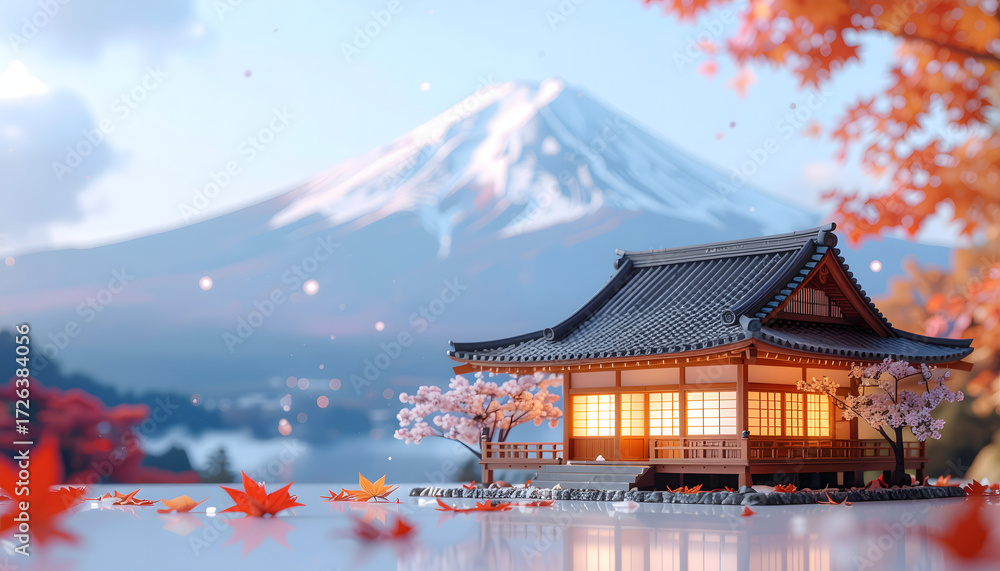 Obraz premium Miniature Japanese house and cool yard with Mount Fuji in the background.