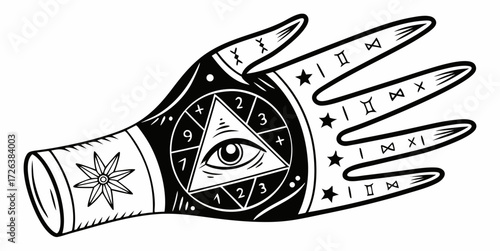 Intricate palmistry hand with eye, mystical symbols, and geometric designs for fortune telling art