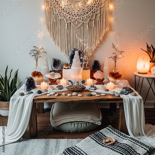 Peaceful Meditation Space with Crystals and Candles.