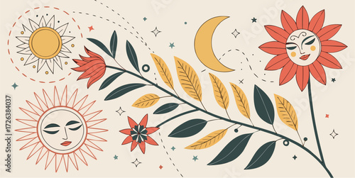 Bohemian celestial garden with sun, moon, stars, and floral elements for dreamy designs