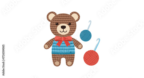 Cute Crochet Bear with Yarn Balls and Hook: Craft Project, DIY Toy, Handmade Gift Idea and Creative Hobby Illustration
