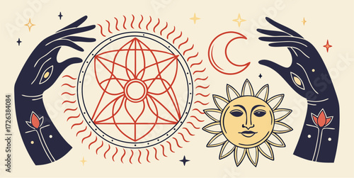 Mystical hands reaching for celestial sun and moon symbols, creating a magical boho atmosphere