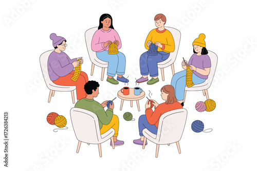 Knitting Circle: Diverse Group Crafting Together, Sharing Ideas and Warmth with Yarns, Needles, Chairs, and Coffee in a Creative and Relaxing Environment