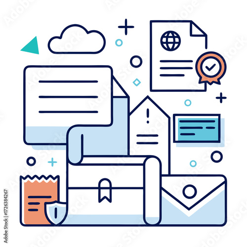 Modern illustration of business documents showcasing company compliance, global business, and legal matters with a fresh, creative style for presentations